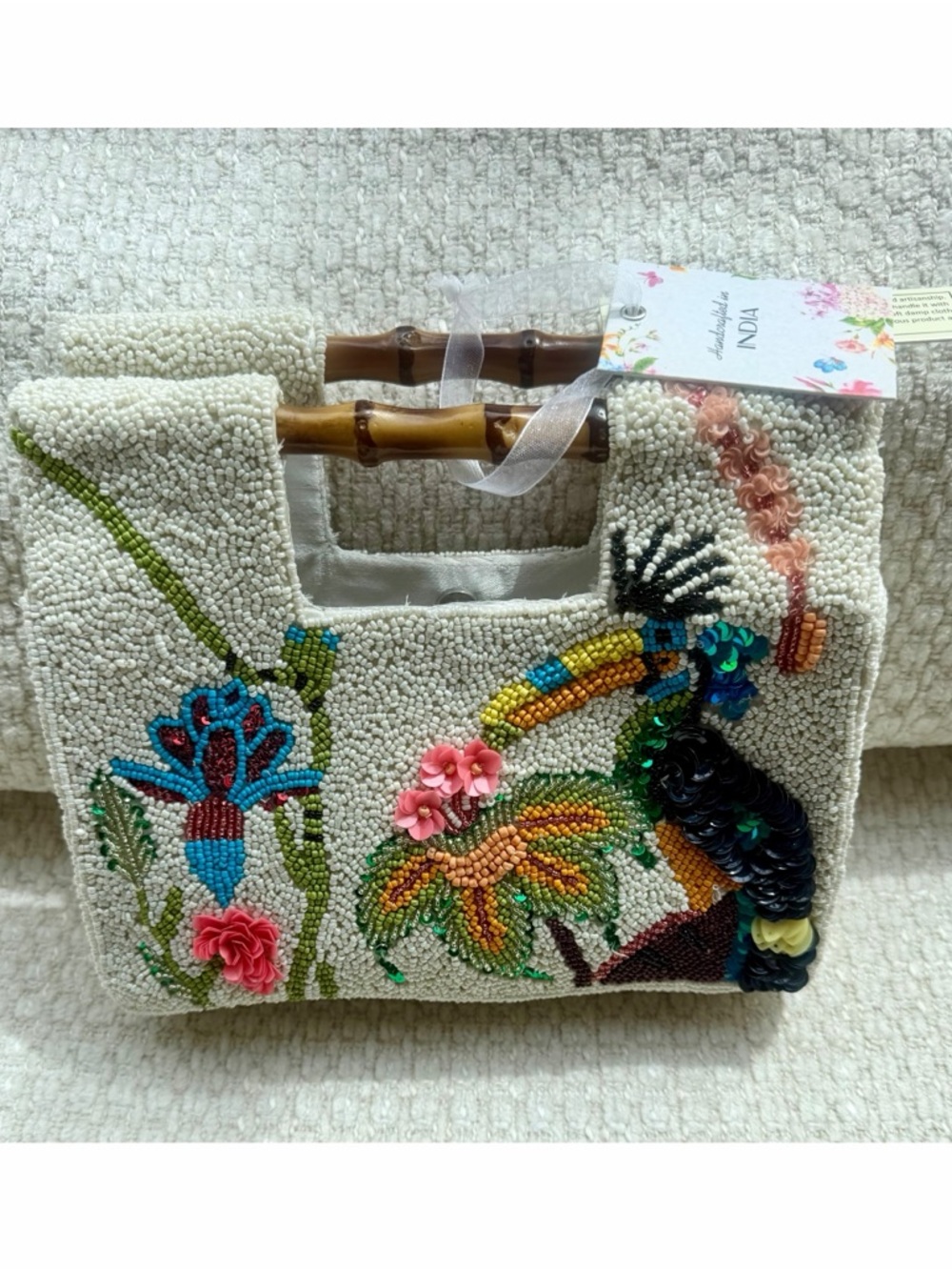 Toucan Beaded Bag Bamboo Handle Tropical Palm Floral Resort Coastal Anthro Style